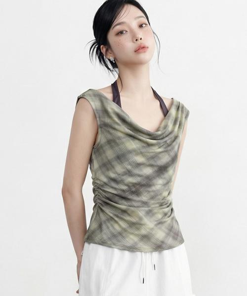 투톤 핀턱 체크 홀터 레이어드 탑_T611TP146