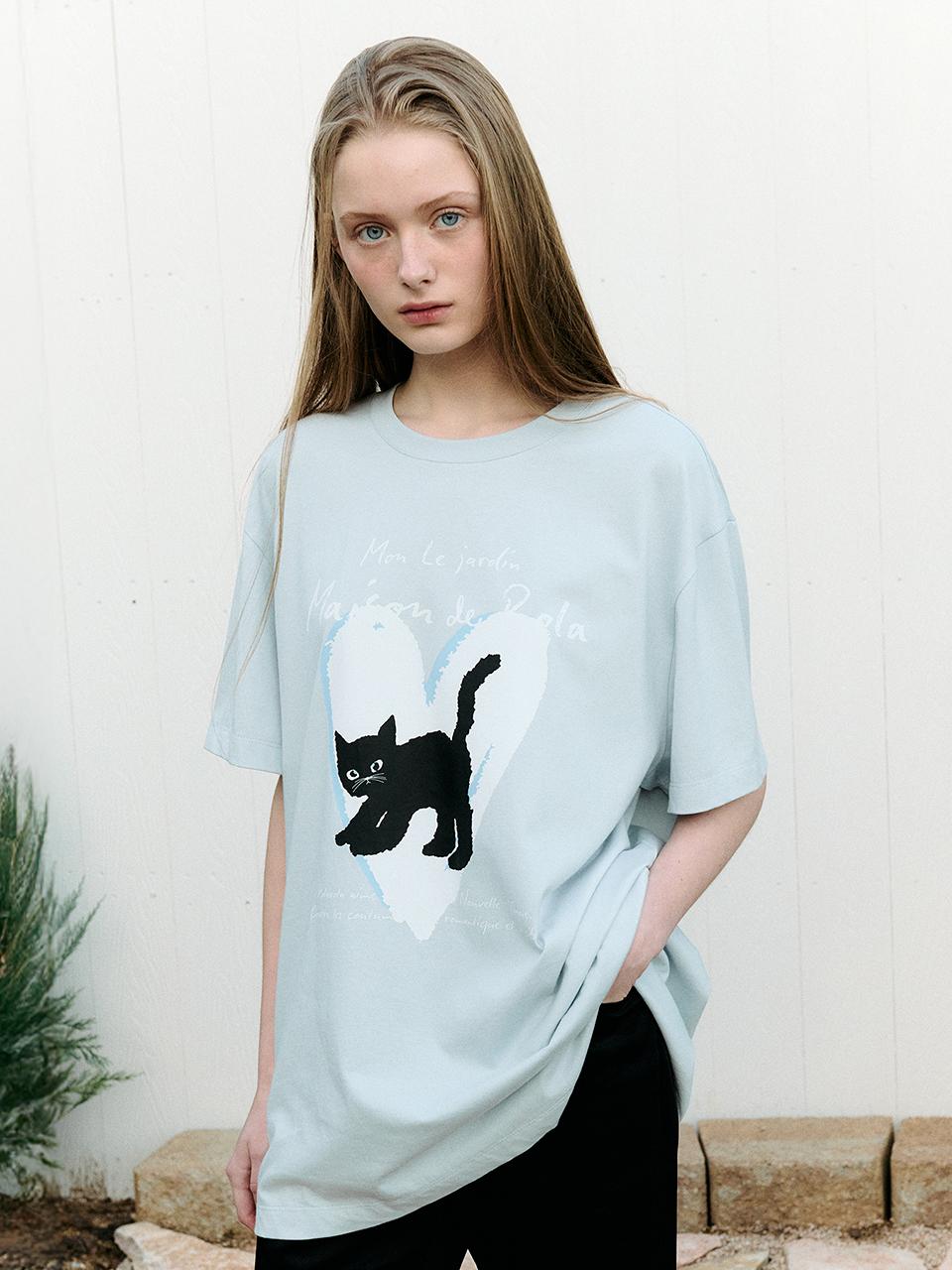 HEART CAT FRIENDS LOOSE FIT T-SHIRT SKY