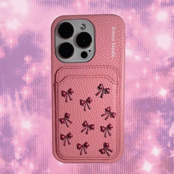 Baby pink ribbon leather card case