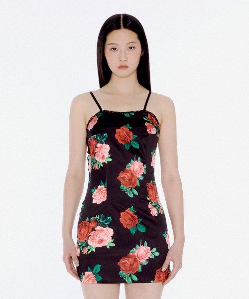 SATIN FLOWER PATTERN DRESS BLACK