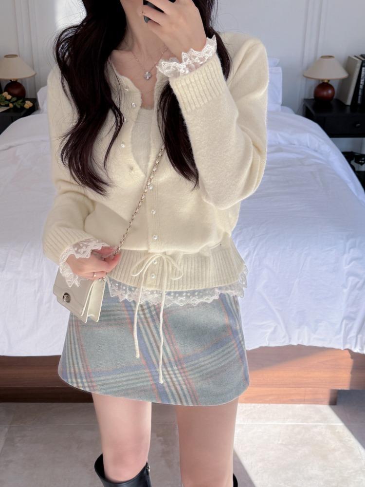 레이스 레이어드 진주 가디건