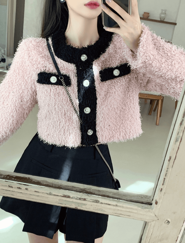 루시 진주 배색 퍼 크롭 자켓