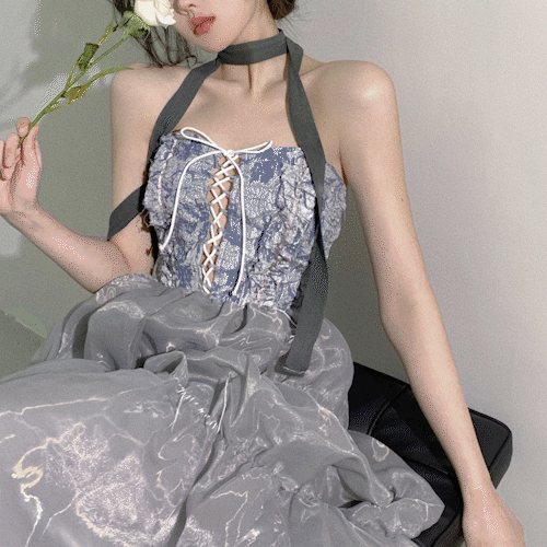 예거조아 [코스프레/드레스]뷔스티에 코르셋 오프숄더 메쉬 롱원피스 연말 파티룩 촬영 씨스루 레이어드 여름 미디원피스