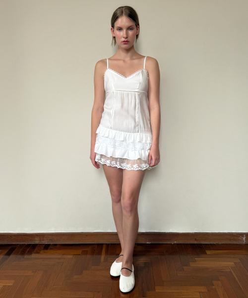 V-Neck Lace Mix Silky Dress (White)