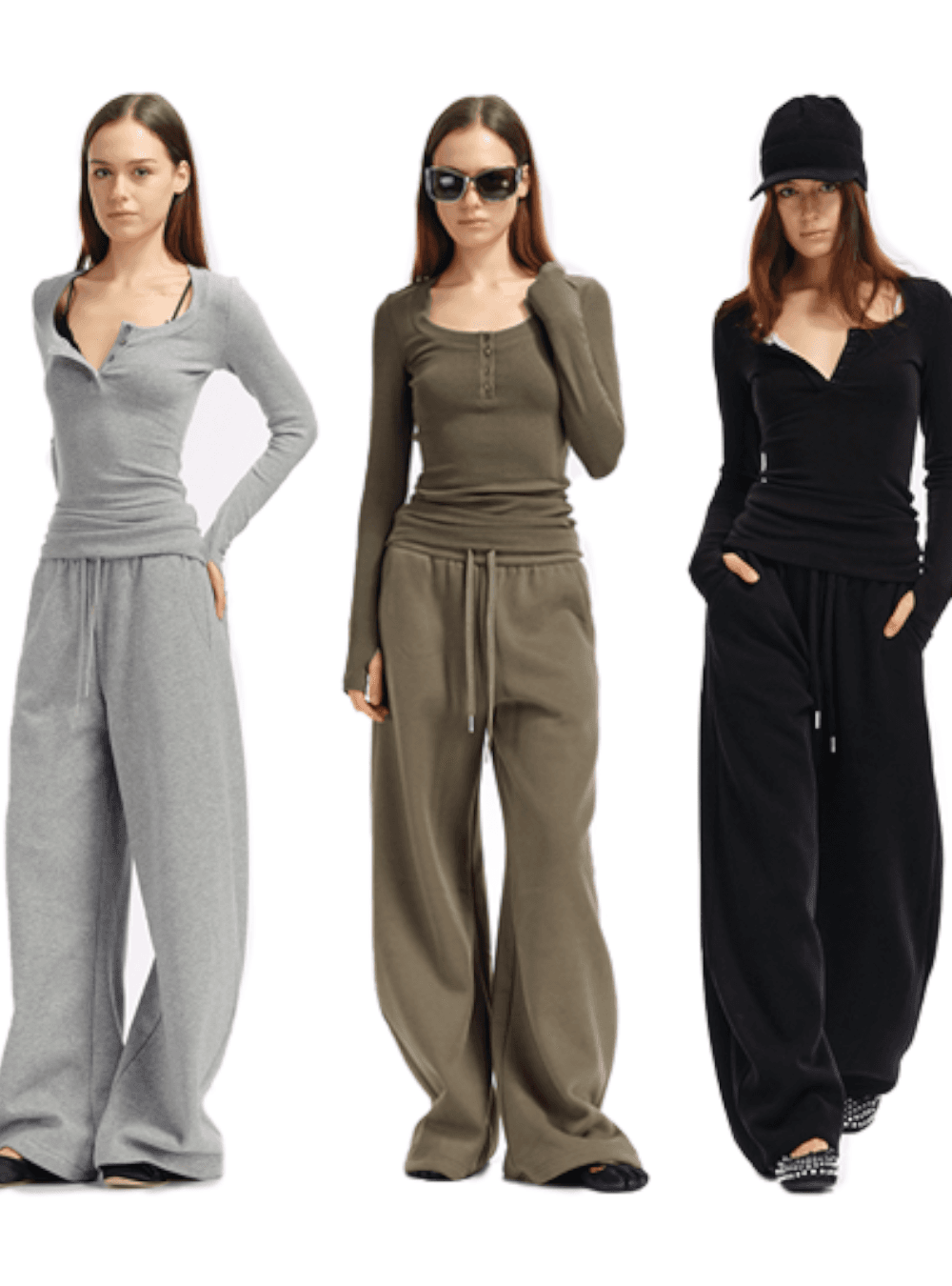 Shell Button Warm Henley Top & Cozy Banana Pants Set (3color)