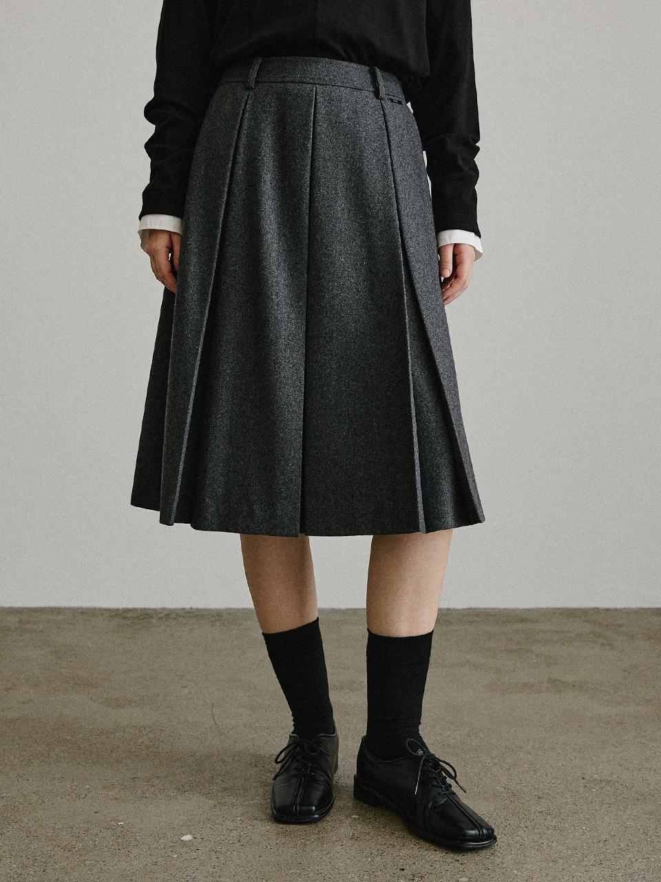 울 리버스 플리츠 미디 스커트_GREY