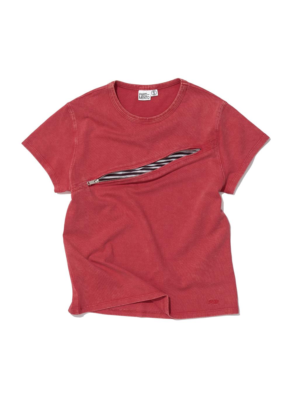 [WOMEN] SLASH ZIP-UP MESH LAYER SHORT SLEEVE TEE_RED