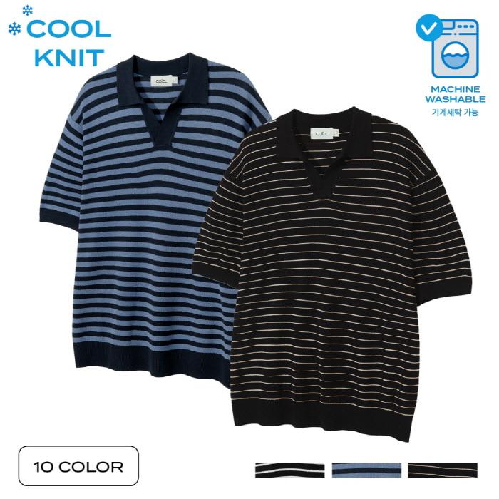쿨 린넨라이크 스트라이프 카라 숏 슬리브 니트 3 COLOR
