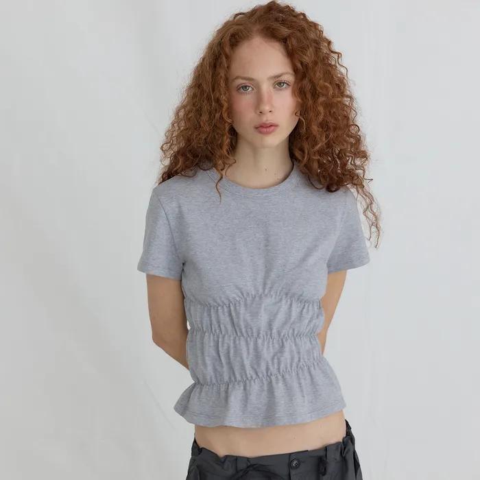 WAVE SHIRRING HALF TEE - GREY