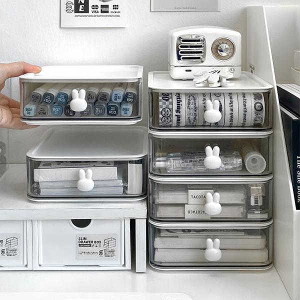 1+1 쌓아 쓰는 토끼 손잡이 투명 정리함 서랍 데스크 오거나이저