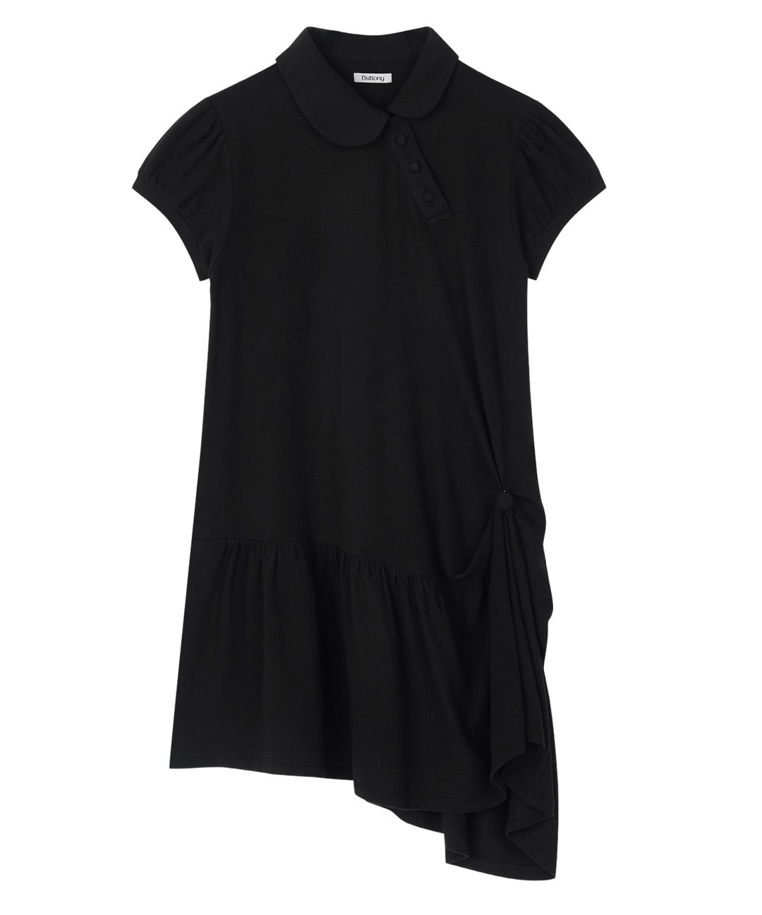ASYMMETRIC COLLAR SHORT SLEEVE DRESS (BLACK)
