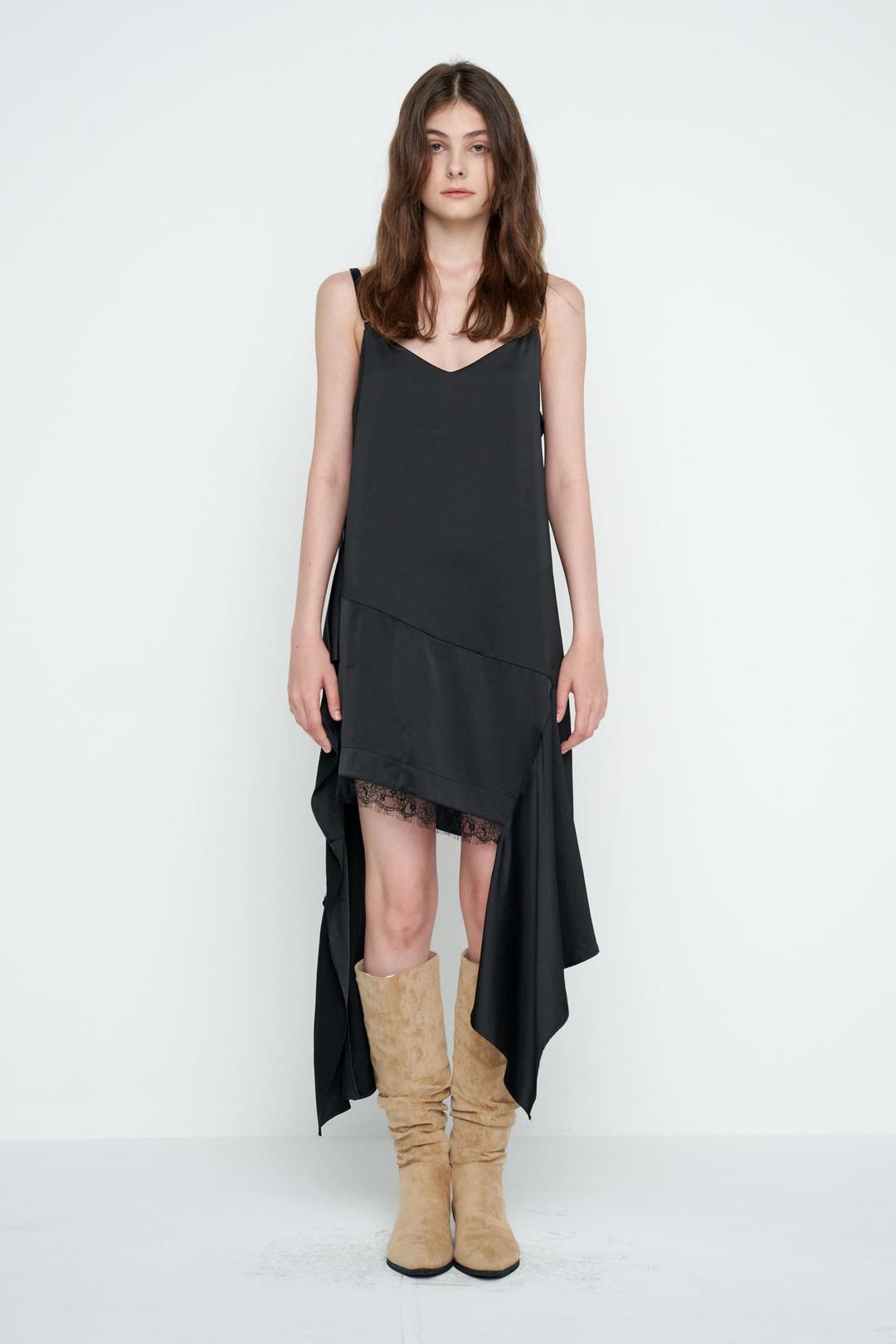 SATIN LACE UNBALANCED DRESS / BLACK