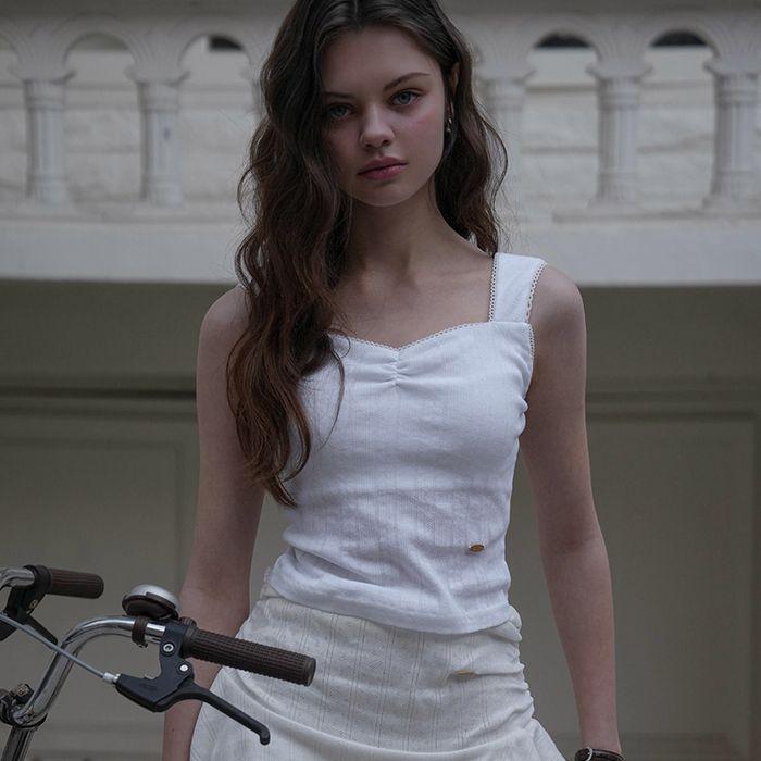 Shirring Lace Sleeveless [White]