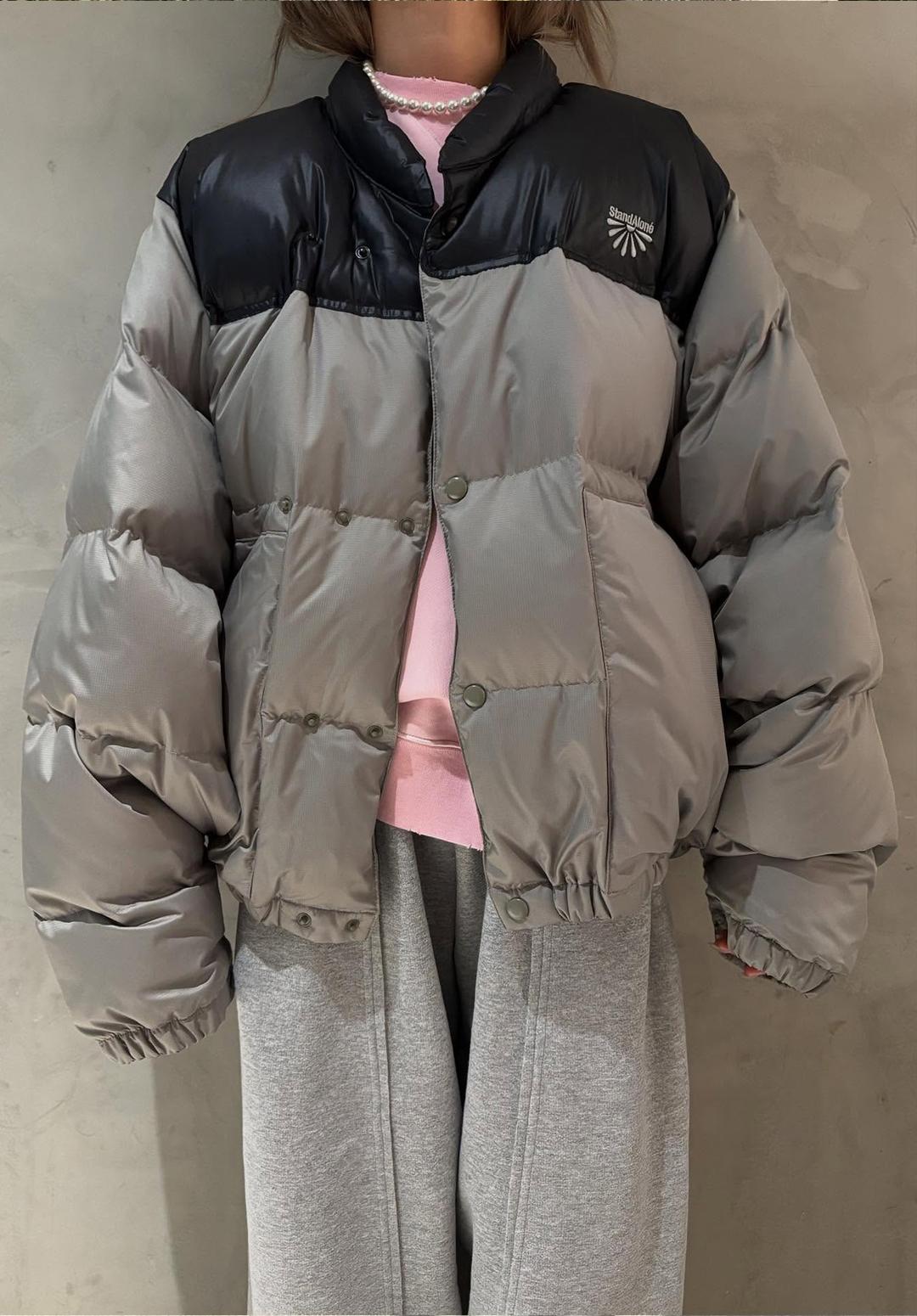 OVERSIZED COLORBLOCK DOWN PUFFER, OLIVE