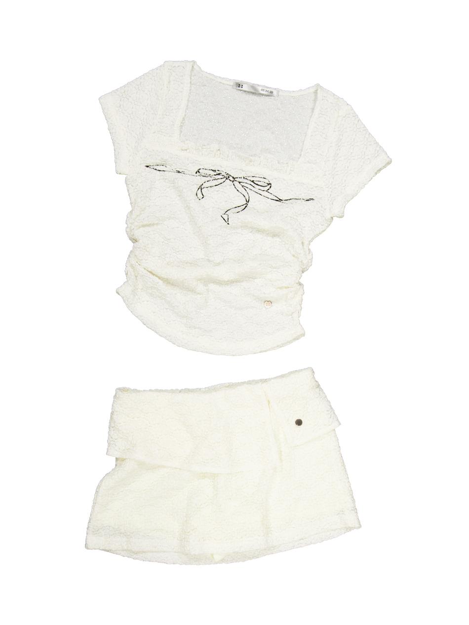BOW TOP & SKIRT PANTS SET / CREAM