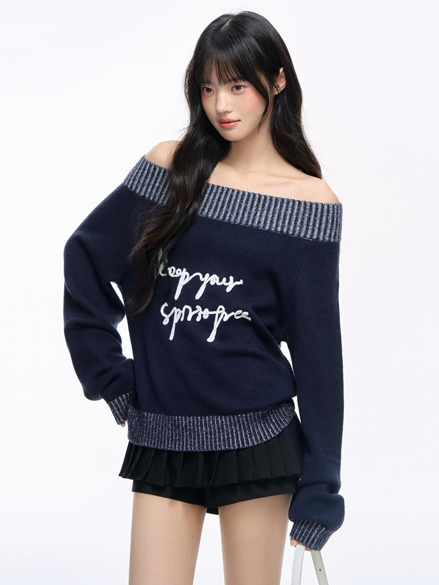 NS76 Midnight Script Off-Shoulder Knit