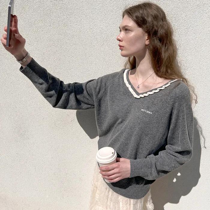 [안유진, 아일릿 원희, 프로미스나인 지헌, 조유리 착용] [7차 리오더] 프릴 라인 니트_그레이