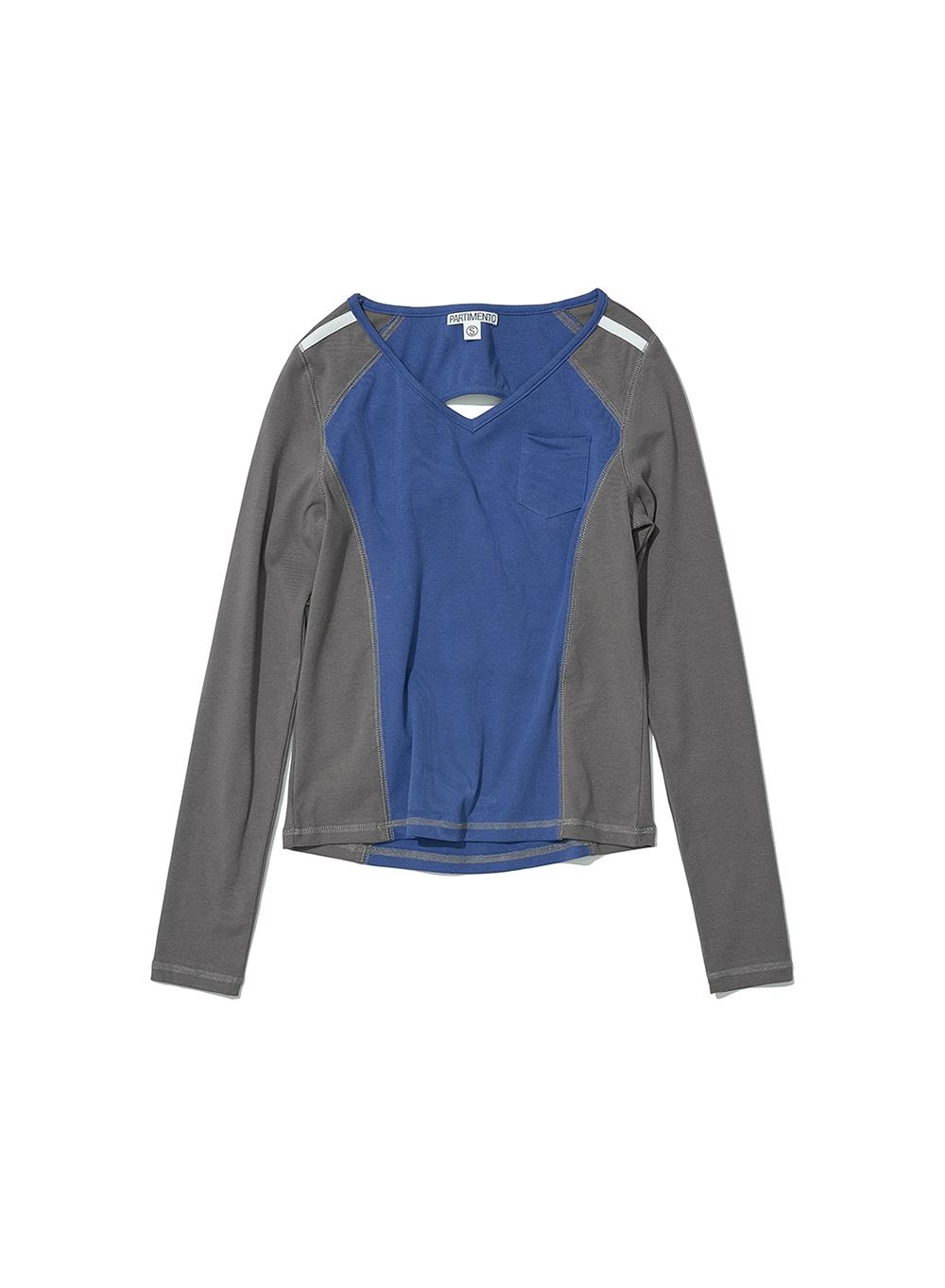 [WOMEN] CUT OUT V-NECK COLORBLOCK LONG SLEEVE TEE_BLUE