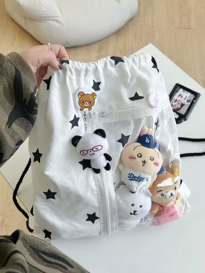 오리지널 화이트 스타 프린트 드로우 스트링 백 청소년 캐주얼웨어를위한 다목적 대용량 배낭 접이식 소프트 숄더 백