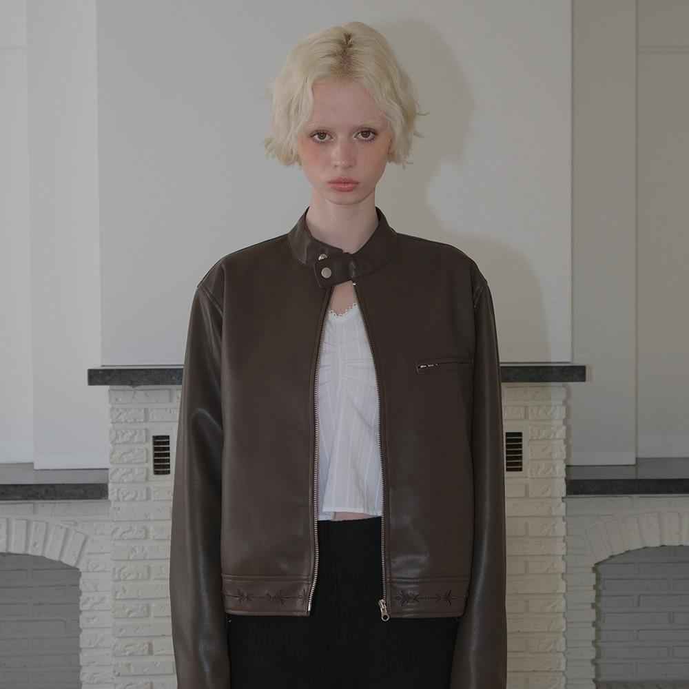 C EMBROIDERY FAUX RIDER JACKET_BROWN