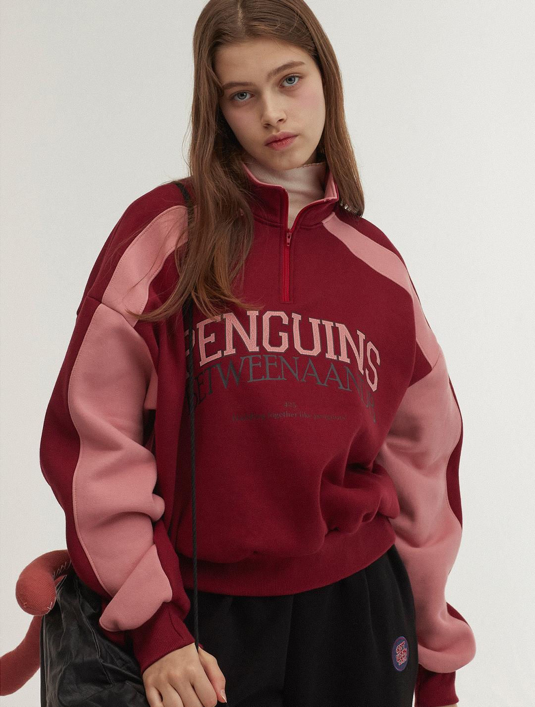 하프집업 칼라 블럭 기모 맨투맨  [버건디]