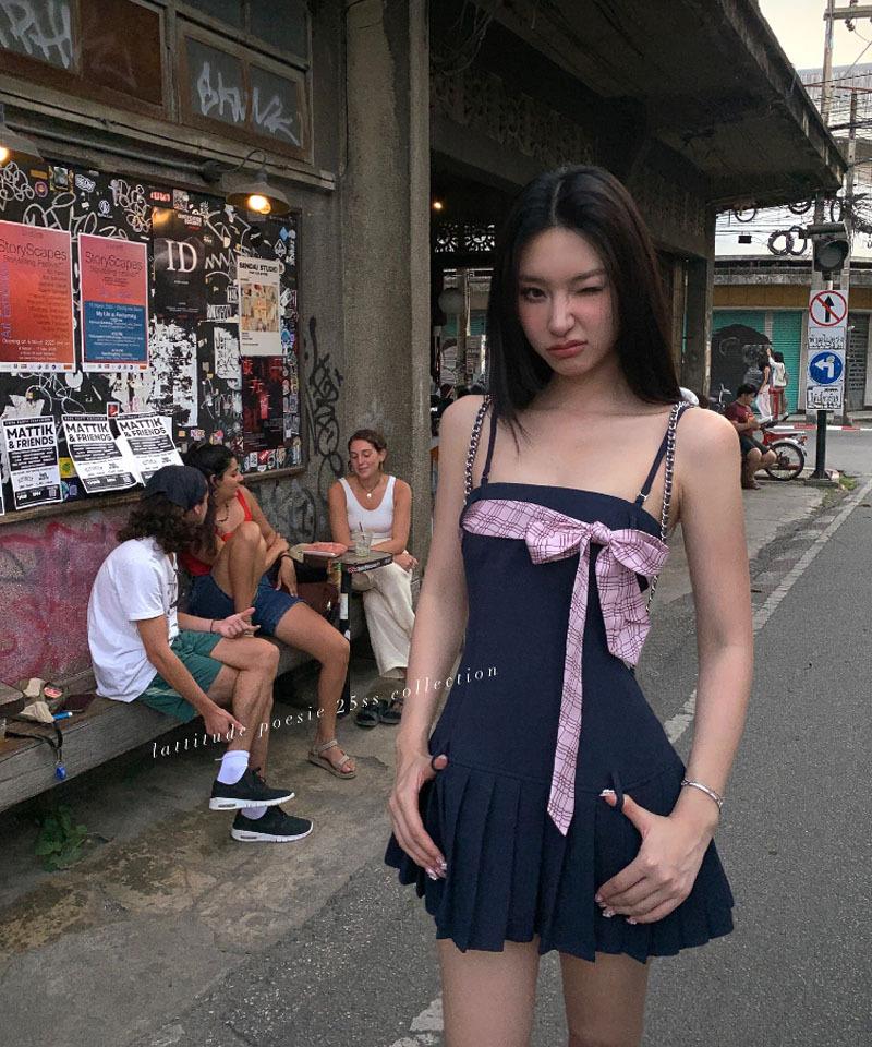 체크핑크 리본 플리츠 미니원피스