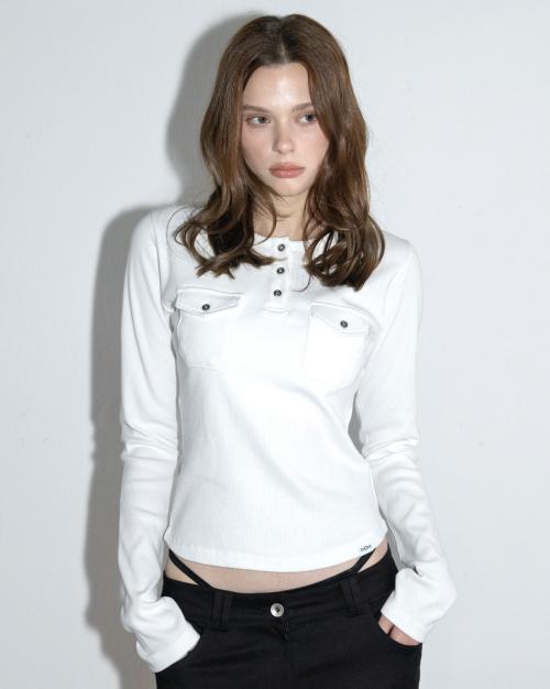 포켓 헨리넥 리브드 롱슬리브 화이트