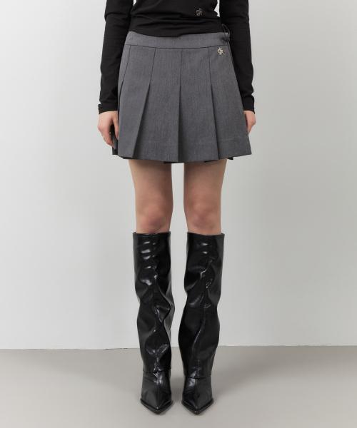 링클 프리 리본 플리츠 랩 스커트_CHARCOAL