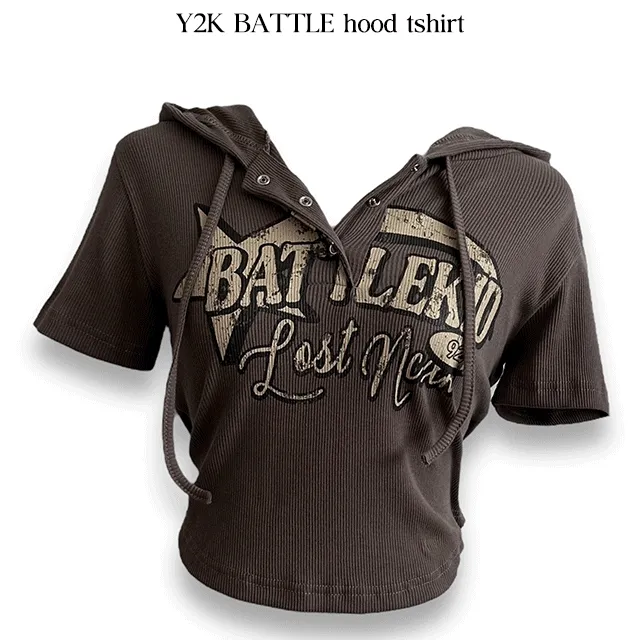 [Y2K/당일발송] BATTLE 스냅 후드 반팔티셔츠