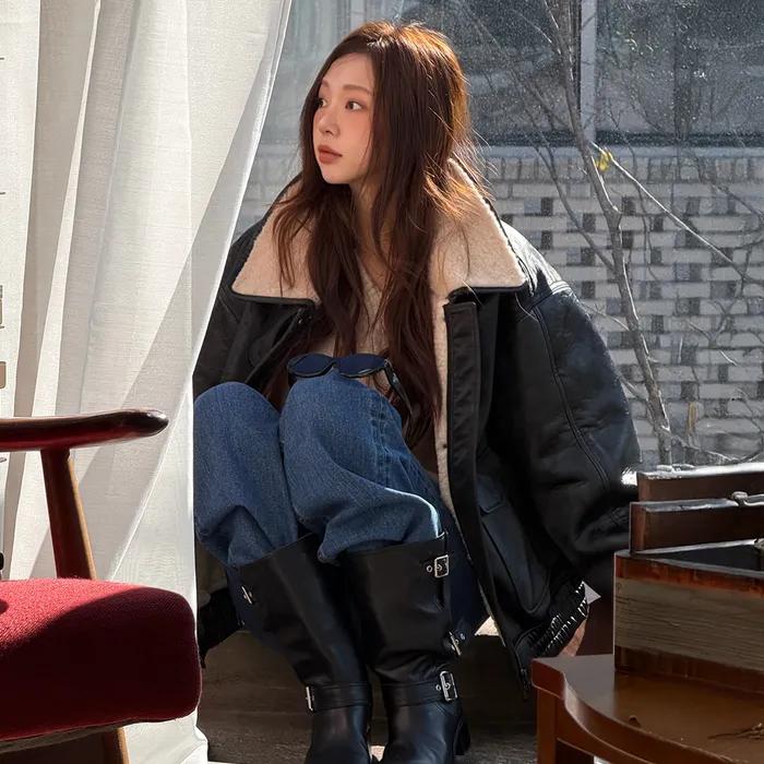 SIOT4173 페이크 무스탕 봄버 자켓_Black