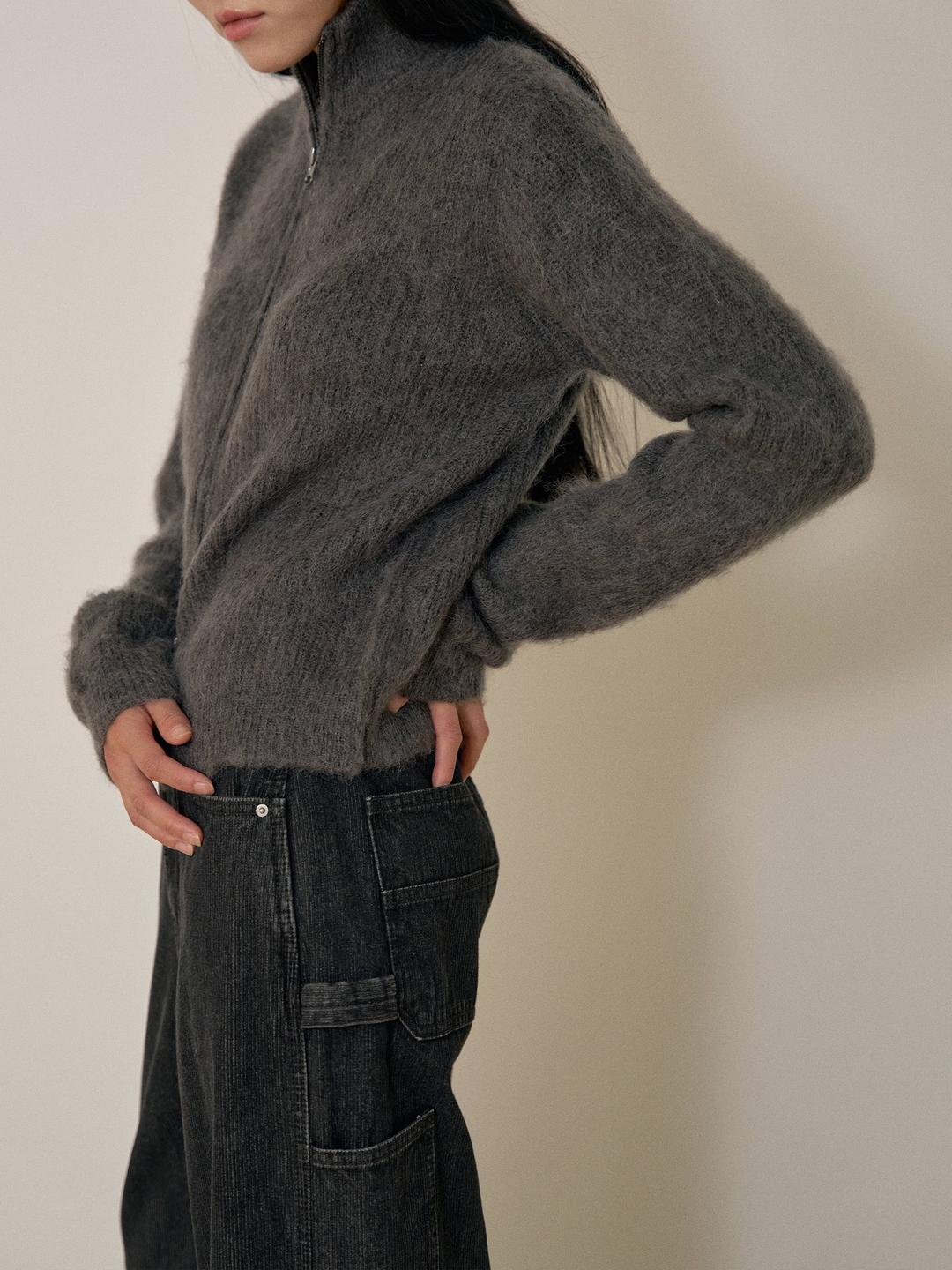 모헤어 집업 가디건 - 차콜