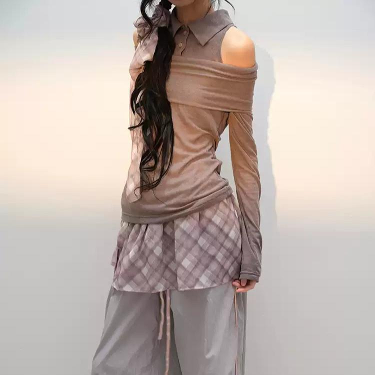 LVETONG 치마 레이스업 체크 레이어드 힙스커트