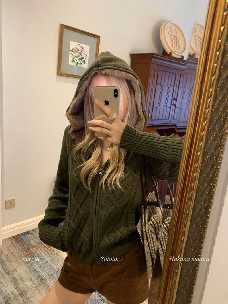 Fur Hood Knitted Zip-up Cardigan