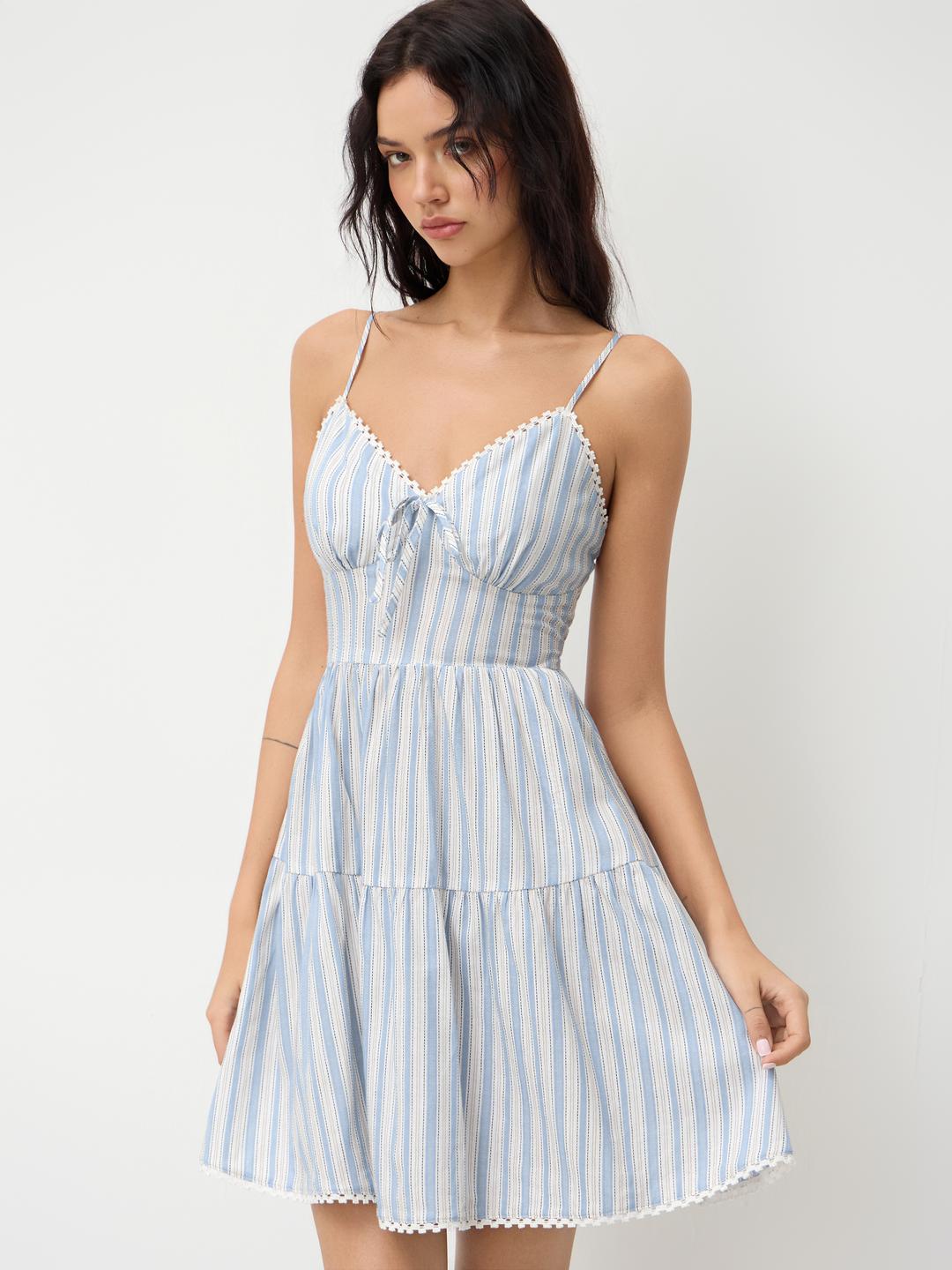 100% Cotton V-neck Stripe Knotted Mini Dress