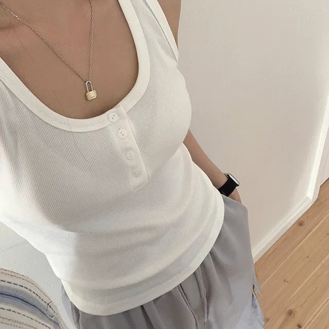 [여리여리/이너] 슬림 루즈핏 라운드 유넥 버튼 단 골지 두줄 슬리브리스 나시 티(3color)