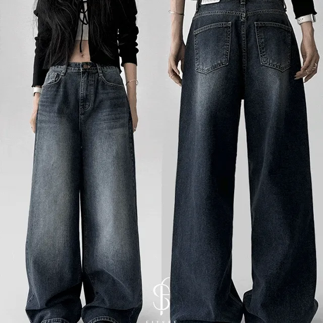 하이브리드 진블루 워싱 캐쥬얼 데님 와이드 일자핏 팬츠