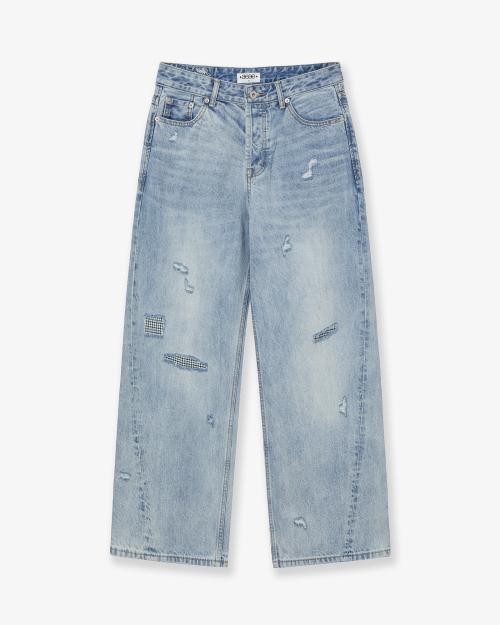 에이이에이이 CHECK PATCHWORK DENIM PANTS [LIGHT BLUE] - 위시버킷