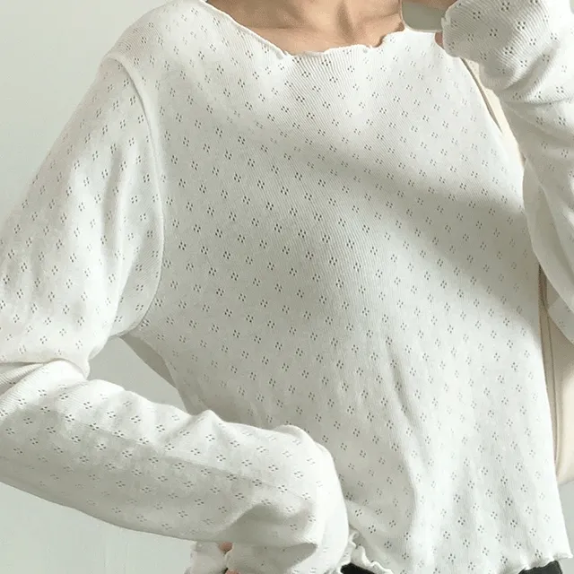 카링 물결 펀칭 긴소매 / 면 코튼 유니크 가을 간절기 기본템 코디템 긴팔 티 물결밑단 러블리 데일리 롱 슬리