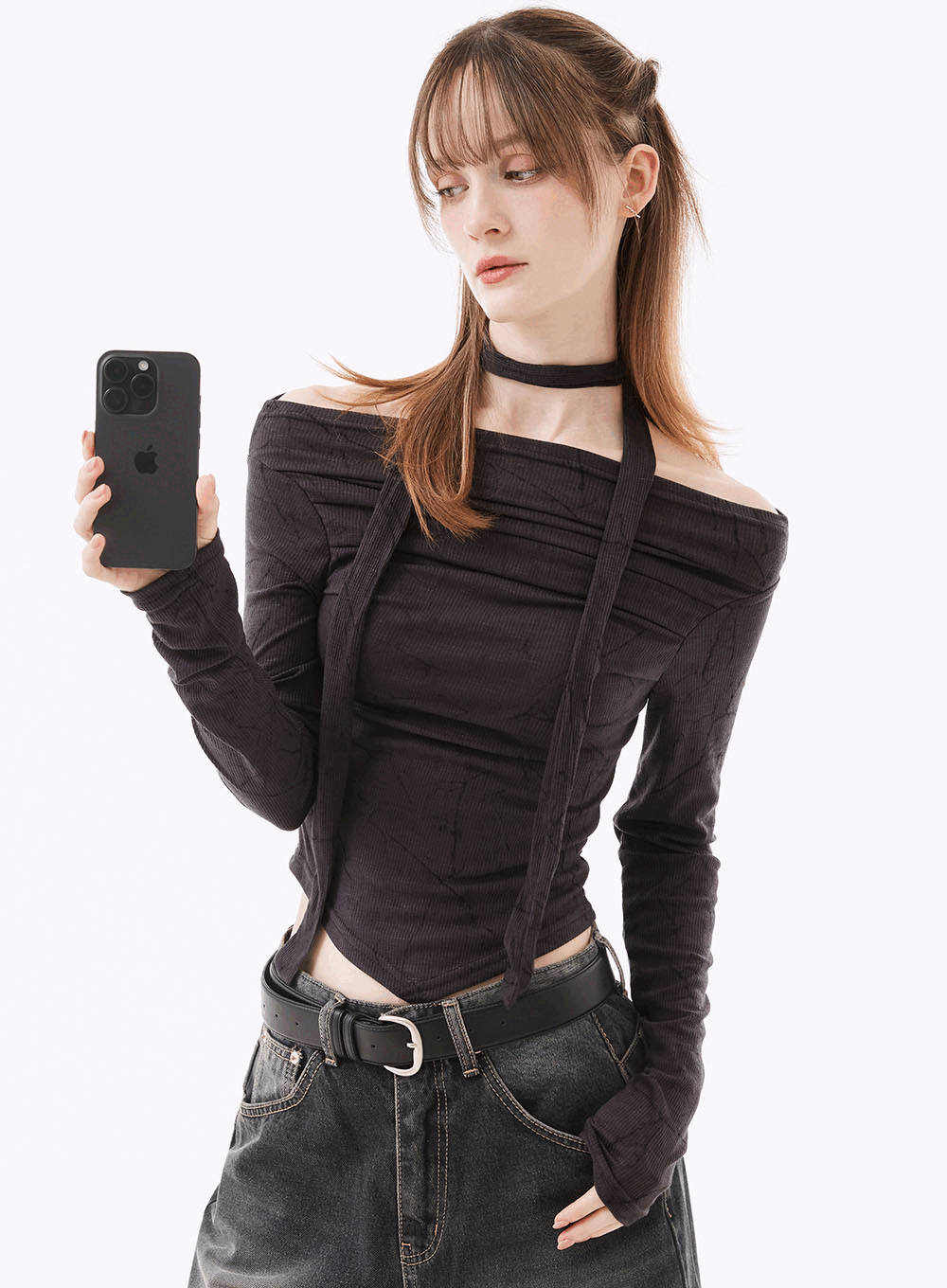 미세로 셔링 드레이프 긴팔티 머플러 SET