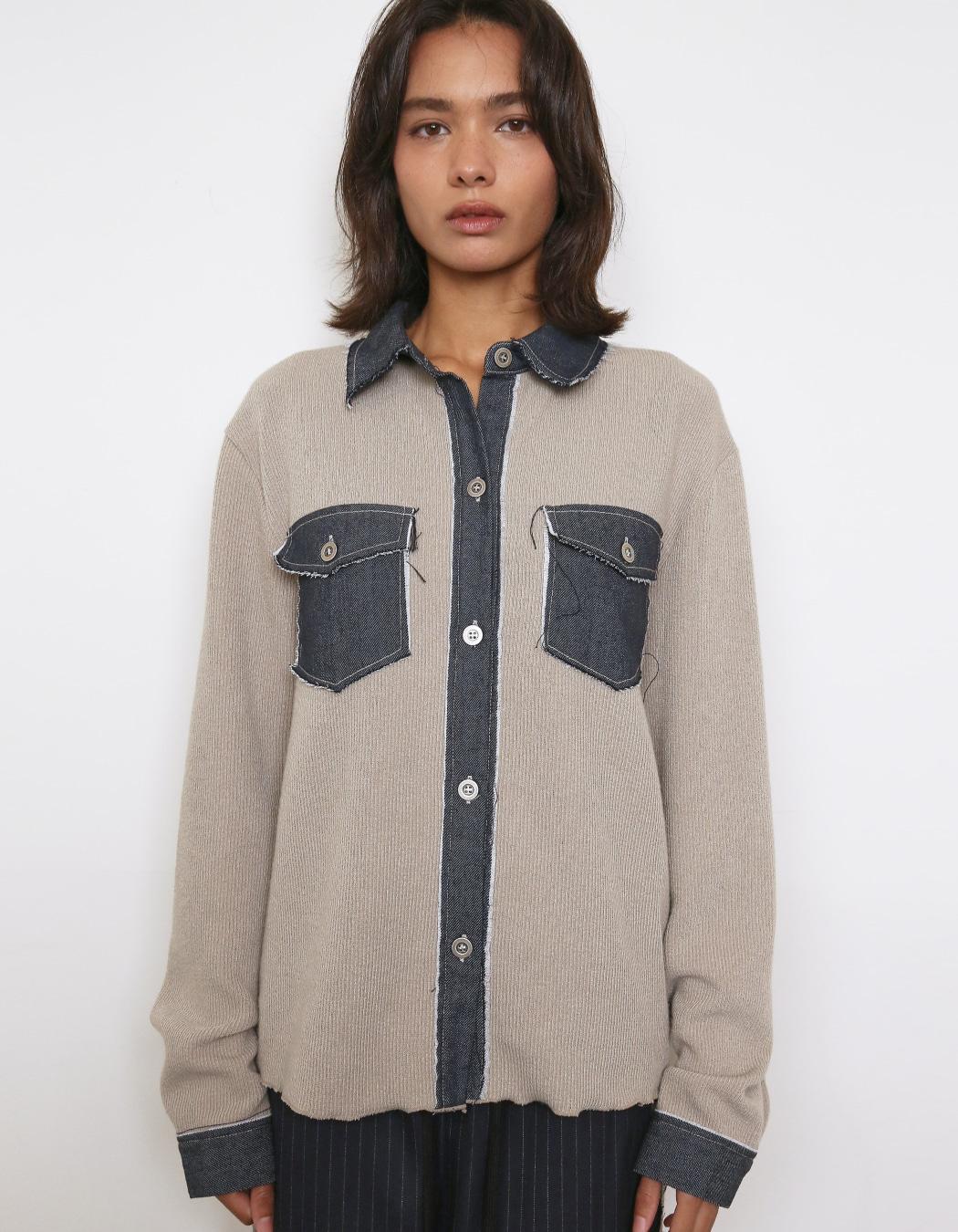 DENIM PATCHWORKED SHIRT, BEIGE