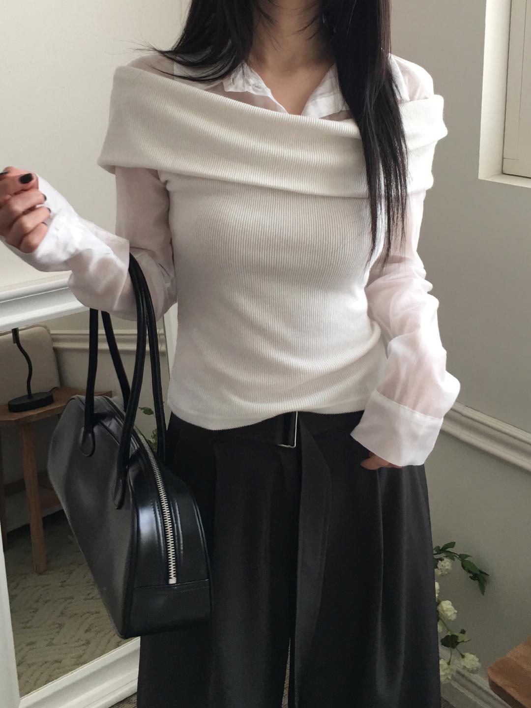 노비야카 [얼리스프링/하객룩/레이어드] Off-shoulder knit shirt (Ivory, black)