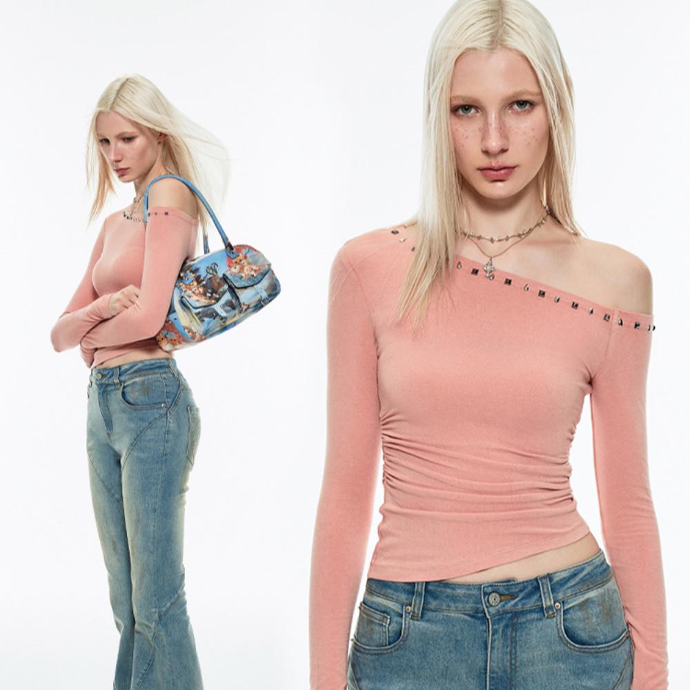 1JINNSTUDIO 원진스튜디오 큐빅라인 언발 긴팔티셔츠 하프 오프숄더 원숄더탑