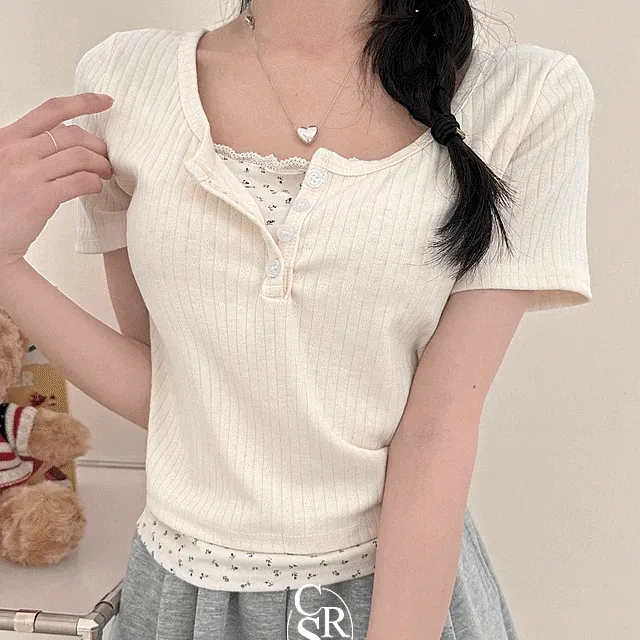 [빈티지/올인원] 레이스 플라워 레이어드 반팔티셔츠