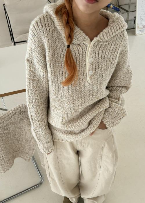 alpaca henry-neck hooded knit