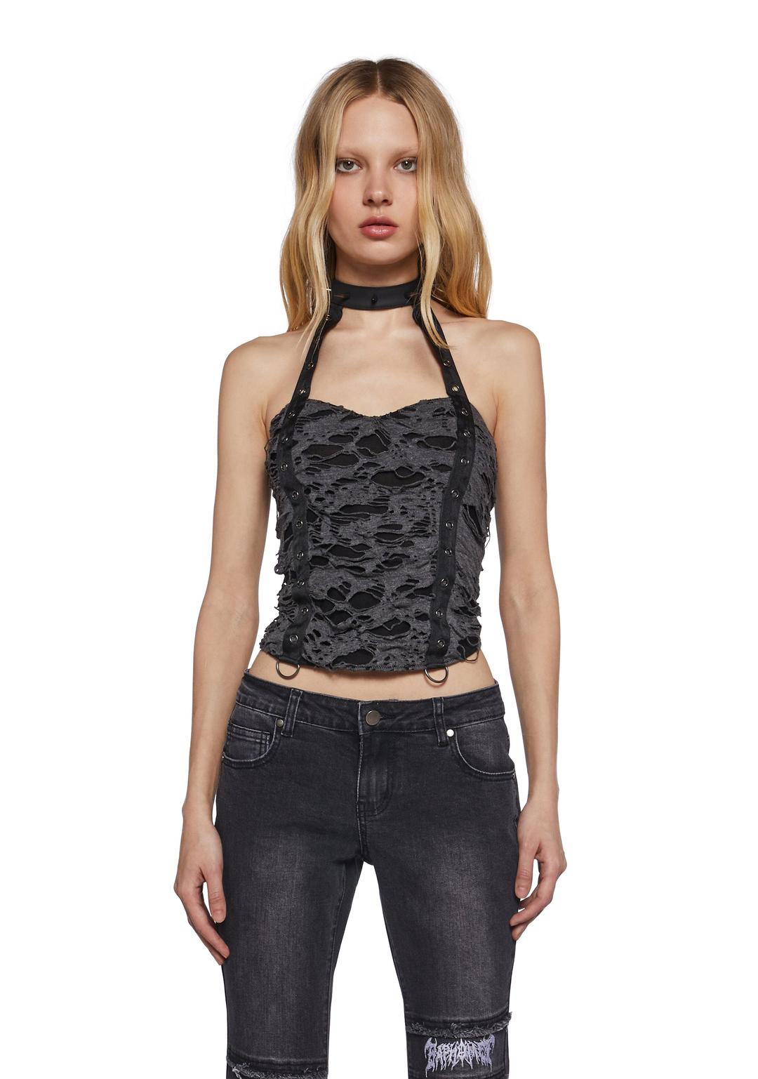 Metal Mashup Shredded Top - GRAY / X-Small