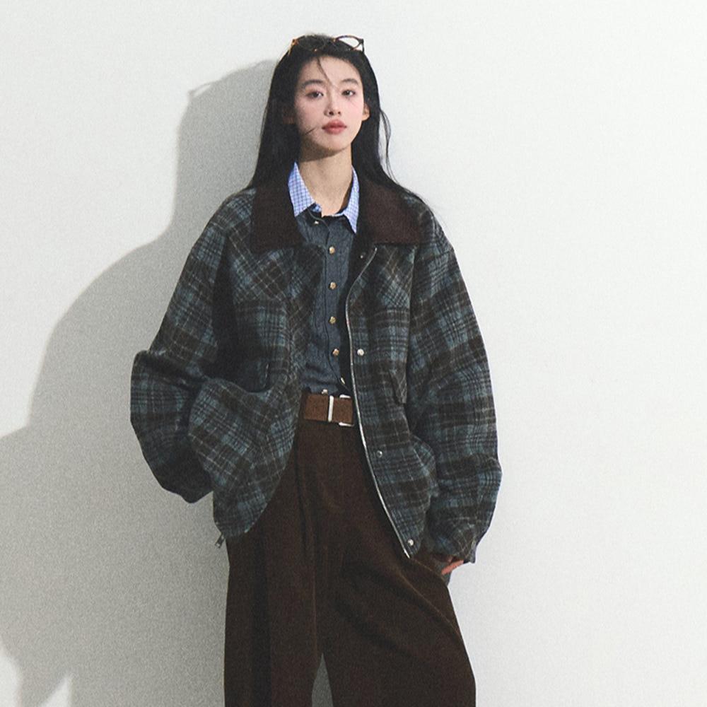 OAKMOO 오크무 체크자켓 복고풍 올드머니 모직 체크 집업 카라 재킷