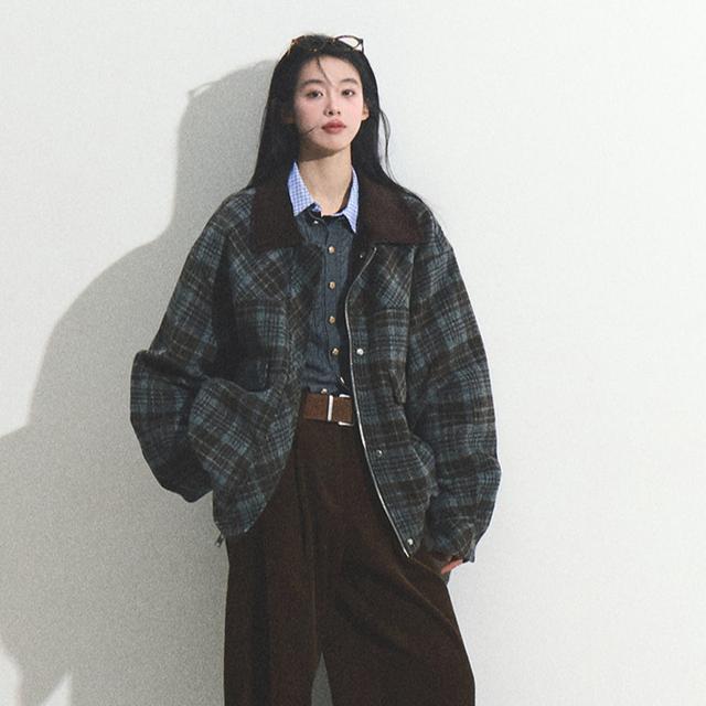 OAKMOO 오크무 체크자켓 복고풍 올드머니 모직 체크 집업 카라 재킷