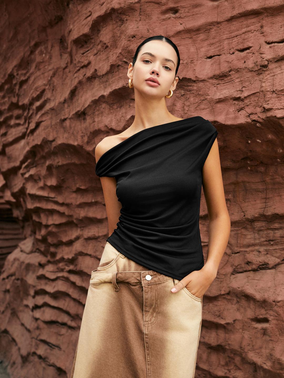 Asymmetric Knotted One-Shoulder Top - Black / XS