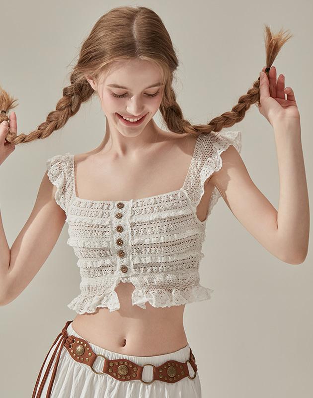 레이스 버튼 슬리브리스 탑