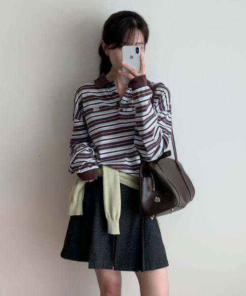 (우먼) 스트라이프 카라 롱슬리브_초코 브라운